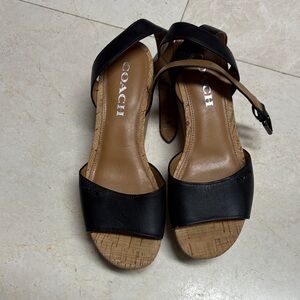 Coach Black Leather Cork Open-Toe Sandals